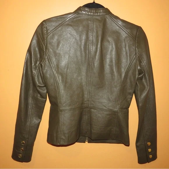 Michael Kors Green Leather Moto Jacket Fitted Cropped Design